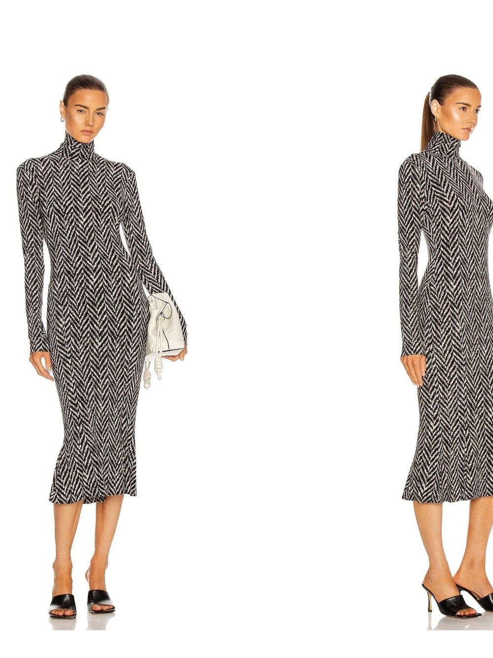 Norma Kamali Black & White Chevron Turtleneck Midi Dress Large Herringbone